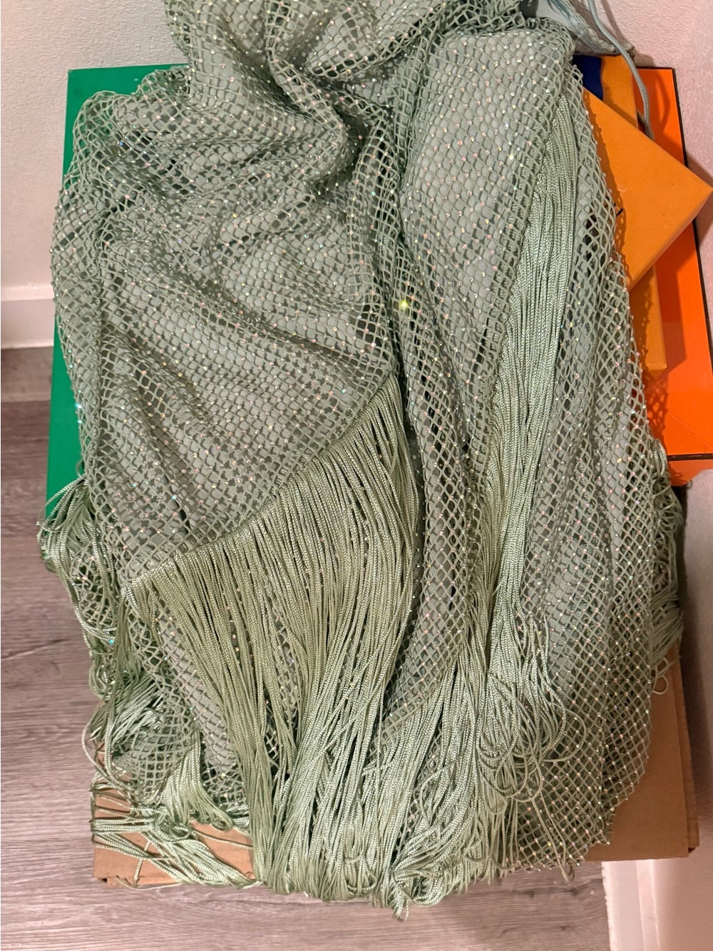 ASOS Fishnet Hotfix Embelished Green Fringe Cowl-Neck Maxi Dress - Picture 9 of 15